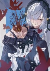 1girl absurdres bare_shoulders black_ribbon blood blood_from_eyes blue_dress blue_hairband bow bug butterfly censored commentary_request commission crescent crescent_necklace decapitation dress dress_bow empty_eyes execution frilled_dress frilled_hairband frilled_sleeves frills gothic_lolita guro hair_over_one_eye hair_ribbon hairband headless highres jewelry lolita_fashion lolita_hairband long_hair long_sleeves mahou_shoujo_no_majo_saiban mosaic_censoring natsume_an-an necklace nosebleed off-shoulder_dress off_shoulder pixiv_commission polka_dot polka_dot_bow red_butterfly ribbon severed_head sleeve_bow sleeves_past_fingers sleeves_past_wrists solo sugararu white_hair wide_sleeves