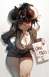angry big_breasts big_horns black_hair breasts cleavage curvy female female_only furry goat grey_fur holding_object horns looking_at_viewer office_lady reapus_x red_eyes thick_thighs tobi_(tobigote) white_fur wide_hips