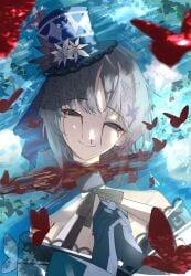 1girl absurdres bare_shoulders black_eyes black_gloves black_hair black_hat black_kimono blood blood_from_eyes bow bug butterfly butterfly_hair_ornament butterfly_hat_ornament closed_mouth commentary_request corpse decapitation empty_eyes flower gloves guro hair_ornament hat hat_flower hat_ornament headless highres housho_margo interlocked_fingers japanese_clothes kimono lolita_fashion long_sleeves looking_at_viewer mahou_shoujo_no_majo_saiban mini_hat mini_top_hat neck_ribbon nosebleed off_shoulder own_hands_clasped own_hands_together parted_bangs red_butterfly ribbon severed_head short_hair smile solo sugararu top_hat wa_lolita wide_sleeves