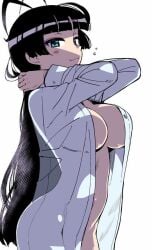 1girl arched_back arms_up black_hair blue_eyes blunt_bangs blunt_ends blunt_sidelocks blush breasts cleavage closed_mouth