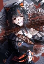 1girl absurdres animal_ear_headphones animal_ears arm_belt asymmetrical_sleeves bare_shoulders belt black_choker black_hair black_sweater blood blood_from_eyes blood_from_mouth bug butterfly cat_ear_headphones cat_ears censored choker commentary corpse decapitation fake_animal_ears guro headless headphones highres long_sleeves mahou_shoujo_no_majo_saiban mosaic_censoring multicolored_hair nail_polish nosebleed off-shoulder_sweater off_shoulder orange_nails red_butterfly sawatari_coco severed_finger severed_head severed_torso shirt short_hair single_bare_shoulder skull solo streaked_hair sugararu sweater white_shirt wide_sleeves