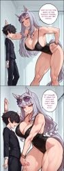 1boy 1boy1girl 1girl 1girls ai_assisted ai_generated clothed clothing ears gold_ship_(umamusume) grey_hair horse horse_girl kabedon muscular purple_eyes silver_hair speech speech_balloon speech_box speech_bubble speech_bubbles swimsuit tail taller_female text text_box text_bubble thighs trainer_(umamusume) umamusume umamusume_pretty_derby velfur