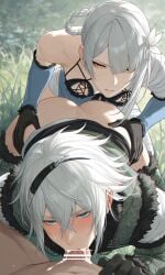 2d 2d_(artwork) ai_generated anal anal_penetration anal_sex bisexual blowjob blowjob_face blue_eyes blush braided_hair brown_eyes clothed_sex cum cum_in_mouth deepthroat doggy_style doggystyle dominant_female dominant_futa fellatio female_penetrating_male flower flower_in_hair fur_trim futa_on_male futadom futanari futanari_penetrating_male hair hair_ornament hairband hi_res highres intersex intersex/male kaine_(nier) large_ass large_penis lingerie male/female male/male male_penetrated nier nier_(character) nier_(series) nier_replicant partially_clothed pov pov_crotch pov_male spitroast submissive_male threesome veiny_penis white_hair