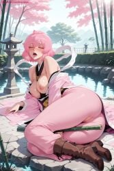 1girl ai_generated ass bare_shoulders blush boots breasts breasts_outside brown_footwear cherry_blossoms day hi_res high_quality high_resolution japanese_clothes jigokuraku kimono kiraamane medium_breasts nipples no_panties off_shoulder on_side open_mouth outdoors patreon petals pink_hair pink_kimono pussy pussy_juice saigyouji_yuyuko sash seductive sexy solo tao_fa tree uncensored water watermark wide_sleeves