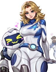 1girls big_breasts blonde_hair blue_eyes blushypixy blushyspicy female h.e.r.b.i.e. invisible_woman invisible_woman_(marvel_rivals) marvel marvel_rivals mr_fantastic mr_fantastic_(marvel_rivals) smile sue_storm thick_thighs white_background