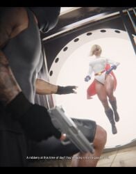 1boy 1girls 3d blender blonde_hair blue_eyes breasts cape criminal dc_comics dialogue flying gloves gun mask muscular_female muscular_male power_girl revniero3d short_hair smile smiling superheroine vault