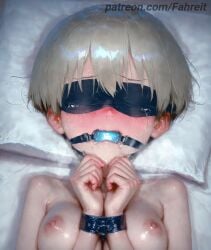 1girl 1girls ai_generated artist_name ball_gag bdsm bed bed_sheet bit_gag black_blindfold blindfold blonde_hair blush bondage bound bound_arms bound_wrists breasts breasts_squeezed_together completely_nude covered_eyes crying crying_with_eyes_open cuffs drooling ear_blush facing_viewer fahreit from_above full-face_blush gag gagged grey_hair hair_between_eyes head_on_pillow large_breasts lying medium_breasts nipples nose_blush nude on_back on_bed open_mouth own_hands_together patreon patreon_username pillow restrained ring_gag saliva shiny_skin short_hair skin_fang small_breasts solo stable_diffusion streaming_tears sweat sweating sweaty sweaty_body tearing_up tears upper_body uzaki-chan_wa_asobitai! uzaki_hana