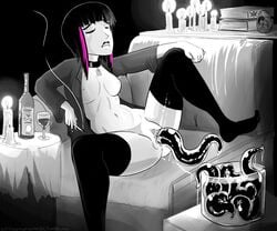 black_hair breasts candle cigarette closed_eyes clothing collar creature_inside female interspecies live_insertion living_insertion long_hair lucy_lovecraft penetration pussy size_difference slug smoking spread_legs thighhighs unbirth unbirthing vaginal_penetration vore wine worm