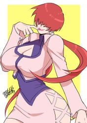 1girls big_breasts boob_window huge_breasts king_of_fighters light-skinned_female light_skin long_hair misodiru pale-skinned_female pale_skin red_hair shermie_(kof) skirt thick twintails
