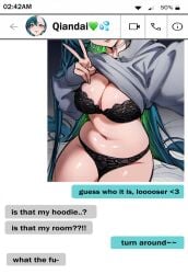 1girl 1girls black_bra black_panties bra breasts chat_log cleavage clothes_lift english_text fake_phone_screenshot fake_screenshot grey_hoodie hand_up highres hoodie hoodie_lift large_breasts long_hair navel original panties qiandaiyiyu rin_(qiandaiyiyu) solo solo_female stomach sweater_lift underwear v very_long_hair wholesome