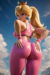 ai_generated ass ass_focus ass_grab blonde_hair blue_eyes blue_sky crown from_behind from_below futanurse ponytail princess_peach sports_bra sportswear super_mario_bros. tagme twerking video yoga_pants
