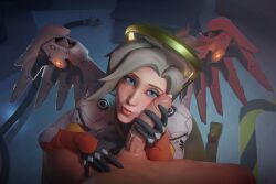 1boy 1girls 3d after_fellatio blowjob caressing_penis fellatio hasfeldt looking_at_viewer mercy overwatch penis_against_cheek penis_against_face pov