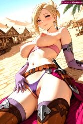 1girl ai_assisted ai_generated bangs bare_shoulders belt bikini blonde_hair blush boots braid breasts brown_belt cameltoe closed_mouth clothes_pull collarbone dagger day desert elbow_gloves ffxiv final_fantasy final_fantasy_xiv gloves grey_eyes knife large_breasts looking_at_viewer minfilia minfilia_warde navel nipples outdoors panties patreon purple_gloves sheath sheathed short_hair sitting sky smile solo stelmazura stomach sword thigh_boots thighhighs thighs tree underwear weapon
