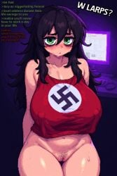 4chan ai_assisted ai_generated black_hair breasts computer green_eyes huge_breasts huge_thighs kuroki_tomoko looking_at_viewer monitor nazi nipple_bulge nipples nipples_visible_through_clothing no_panties ozzy123 petite pubic_hair purple_background purple_lighting pussy racism racist racist_woman slur swastika sweat sweatdrop tank_top thighs thighs_bigger_than_head watashi_ga_motenai_no_wa_dou_kangaetemo_omaera_ga_warui!