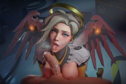1boy 1girls 3d after_fellatio blowjob breasts cum cum_in_mouth cum_on_face cum_on_penis fellatio hasfeldt looking_at_viewer mercy overwatch pov