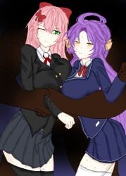 1boy 2girls amy_(lhms) angelica_(lhms) black_panties black_shirt black_thighhighs blush breasts_squeezed_together dark_skin female forced green_eyes jaki lhms2 male neriki orange_bow pink_hair purple_hair red_bow red_tie school_uniform skirt sweat thighhighs thighs white_thighhighs yellow_eyes