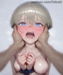 1boy 1girl 1girls abuse ai_generated arms_up artist_name bdsm blonde_hair blue_eyes blurry_foreground blush bondage bound bound_arms bound_wrists breasts breasts_squeezed_together cheek_press cheek_squash collarbone completely_nude crying crying_with_eyes_open dark-skinned_male dark_skin depth_of_field drooling ear_blush fahreit fangs grey_background grey_hair hair_between_eyes hands_on_another's_cheeks hands_on_another's_face hands_up head_grab hetero large_breasts lips looking_at_viewer medium_breasts messy_hair motion_blur multicolored_hair nipples nose_blush nude open_mouth oral_invitation out_of_frame own_hands_together patreon patreon_username pov pov_hands restrained rope saliva saliva_drip saliva_trail screaming shiny_skin short_hair simple_background snot solo_focus stable_diffusion sweat sweating sweaty sweaty_body tearing_up tears teeth tongue tongue_out upper_body upper_teeth_only uvula uzaki-chan_wa_asobitai! uzaki_hana