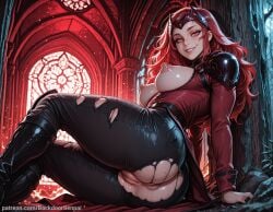 1girl ai_generated ass backdoorsenpai belt big_ass black_footwear black_nails black_pants blurry breasts breasts_out covered_nipples curvy egao faceless_male female_focus from_side knee_boots long_hair long_sleeves looking_at_viewer marvel marvel_rivals medium_breasts naughty_face naugty_eyes nipples no_bra no_panties perky_breasts puffy_nipples pussy red_eyes red_hair red_jacket scarlet_witch shoulder_armor sitting smile solo solo_focus tailcoat thick_thighs thighs tiara torn_clothes torn_coat torn_jacket torn_pants wide_hips
