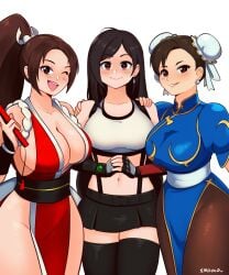 3girls absurdres artist_name big_breasts black_hair black_thighhighs breasts brown_hair bun_cover capcom chinese_clothes chun-li commentary english_commentary fatal_fury final_fantasy final_fantasy_vii final_fantasy_vii_remake folded_fan folding_fan hair_bun hand_fan high_ponytail highres holding holding_fan king_of_fighters large_breasts mai_shiranui midriff miniskirt motoyui multiple_girls navel pantyhose pelvic_curtain ponytail revealing_clothes shiranui_mai skirt smgold snk square_enix street_fighter street_fighter_6 suspender_skirt suspenders thighhighs tifa_lockhart