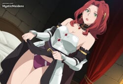 1girl ai_generated anime anime_style armor armored_dress bare_shoulders bed bow bow_panties breastplate breasts choker cleavage clothes_lift detached_sleeves dutch_angle earrings green_eyes hentai hi_res indoors jewelry lifted_by_self lipstick long_hair looking_at_viewer makeup malty_s_melromarc mystic_maidens panties patreon patreon_username ponytail purple_panties red_hair red_lips skirt skirt_lift solo tate_no_yuusha_no_nariagari the_rising_of_the_shield_hero underwear