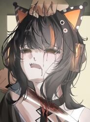absurdres ahoge animal_ear_headphones animal_ears bare_shoulders black_hair black_sweater blood blood_from_eyes blood_from_mouth blood_on_knife cat_ear_headphones cat_ears commentary_request decapitation empty_eyes execution eyeball_hair_ornament fake_animal_ears grabbing_another's_hair guro headphones highres holding holding_another's_hair holding_knife knife mahou_shoujo_no_majo_saiban multicolored_hair nosebleed off-shoulder_sweater off_shoulder orange_eyes ryona sawatari_coco short_hair single_bare_shoulder streaked_hair sugararu sweater