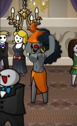 accidental_exposure ai_assisted black_eyes bouncing_breasts curly_hair dakota_(so_okay_heres_the_thing) dark-skinned_female dress edited_screencap formal grey_skin medium_breasts motion_blur no_nose orange so_okay_heres_the_thing surprised_expression topless