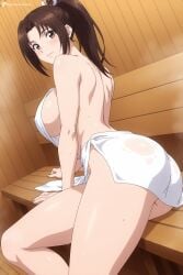 1girl ai_generated ass back bare_shoulders blush breasts brown_eyes brown_hair closed_mouth digitalwaifugallery hi_res high_ponytail high_quality high_resolution king_of_fighters large_breasts long_hair looking_at_viewer mai_shiranui naked_towel parted_bangs patreon patreon_username ponytail sauna seductive sexy sideboob sitting smile solo thighs towel uncensored watermark wet wet_towel wooden_wall