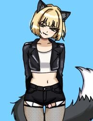 blonde_female blonde_hair commissioner_oc commissioner_upload fishnets futanari green_eyes grey_fur head_tilt jorts kemonomimi kitsune leather_jacket looking_at_viewer oc penis_peeking penis_tip sillywolfsoup small_boobs small_penis smiling_at_viewer white_tipped_tail