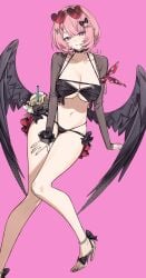 1girls big_breasts black_swimsuit black_wings breasts breasts_out exposed_breasts female hoyoverse large_breasts long_hair mihoyo pink_eyes pink_hair remielle_(zenless_zone_zero) remielle_dan swimsuit wings zenless_zone_zero