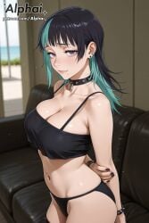 1girl 2025 2026 4k absurd_res absurdres ai ai-created ai-generated ai_art ai_assisted ai_generated alphai anime aqua_hair bikini bikini_bottom bikini_top black_hair black_nails blue_hair blushing bra_strap bracelet breasts chin_piercing choker cinematic_lighting cleavage close-up collar collarbone colorful_background couch depth_of_field detailed_hair detailed_skin detailled_background dramatic_shadows earrings eyelashes eyeliner face_piercing female_face gradient_hair high_quality high_resolution highres hoshi_kirara jewelry jujutsu_kaisen lip_piercing looking_at_viewer medium_breasts mouth_piercing naughty_face navel_piercing outdoors particles patreon patreon_link patreon_url patreon_username purple_eyes raised_eyebrows seductive_eyes shy side_view solo solo_focus spiked_collar streaked_hair thigh_strap underboob volumetric_lighting watermark wavy_mouth