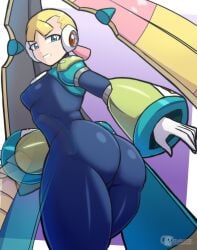 1girls alternative_version angry_face big_ass blonde_hair blue_eyes bodysuit clothing long_hair luckerabbit6 luckerabbit9 mega_man mega_man_x mega_man_x_dive mrlucke pallette robot_girl sexy_body sexy_pose small_breasts solo solo_female white_gloves