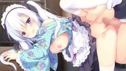 1boy 1girl bent_over blush breasts breasts_out censored game_asset hetero japanese_clothes kimono koi_ni_kanmi_o_soete leg_lift long_hair maid maid_headdress medium_breasts miyasaka_miyu miyasaka_naco mosaic_censoring nipples open_mouth penis purple_eyes sex shionomiya_richer skirt solo_focus thighhighs twintails vaginal wa_maid white_hair white_thighhighs