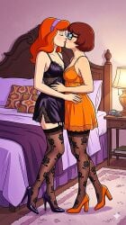 ai_generated daphne_blake lesbian_couple lesbian_kiss negligee scooby-doo stockings thighs velma_dinkley