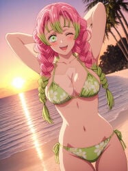 ai_generated arms_behind_back blush deviantart_watermark flower_bikini green_bikini_top green_eyes kanroji_mitsuri kimetsu_no_yaiba looking_at_viewer mouth_open ocean one_eye_closed pink_and_green_hair sand smile smiling smiling_at_viewer sunset trees wink winking winking_at_viewer