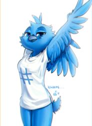 2019 alec8ter anthro avian barely_visible_genitalia barely_visible_pussy beak bird blue_eyes blue_feathers blue_pussy bottomless breasts cheek_tuft chromatic_aberration clothed clothing depth_of_field english_text feathers female half-closed_eyes hand_behind_head looking_at_viewer non-mammal_breasts pussy signature simple_background smile soft_focus solo stretching text tuft tweetfur twitter white_background