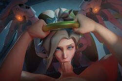 1boy 1girls 3d blonde_hair blowjob blue_eyes fellatio hasfeldt light-skinned_female light-skinned_male looking_at_viewer mercy overwatch pov