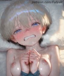 1girl 1girls ai_generated artist_name bdsm bed bed_sheet biting_own_lip black_hair blonde_hair blue_eyes blush bondage bound bound_arms bound_wrists breasts clenched_hands clenched_teeth collarbone completely_nude crying crying_with_eyes_open ear_blush fahreit from_above grey_hair grimace hair_between_eyes half-closed_eyes head_on_pillow implied_sex looking_at_viewer lying medium_breasts nipples nude on_back on_bed open_mouth own_hands_together patreon pillow restrained rope saliva shiny_skin short_hair small_breasts solo stable_diffusion sweat sweating sweaty sweaty_body tearing_up tears teeth upper_body uzaki-chan_wa_asobitai! uzaki_hana