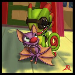 anthro ball_gag bat blindfold bondage bound chameleon dominatrix duo gag laylee leather lizard maledom mammal playtonic_games radasus reptile scalie size_difference small_dom_big_sub teasing yooka yooka-laylee