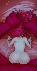 1boy 1girl 2d asian ass backshots bigger_male cyclops facing_back gripping_sheets hazbin_hotel niffty pulling_hair red_hair red_skin shortstack size_difference smaller_female straight vivziepop white_body yellow_elephant
