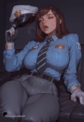 1girl 2d ai_generated blue_shirt blush brown_eyes brown_hair clothed curvy d.va face_paint facial_mark grey_pants half-closed_eyes large_breasts latentlust necktie open_mouth overwatch police_hat police_officer_d.va police_uniform short_hair sitting sofa solo thick_thighs white_gloves wide_hips