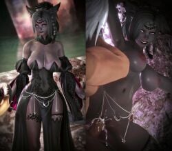 2koma before_and_after cum dark-skinned_female defeated female final_fantasy_xiv forced gpose_(ffxiv) instant_loss instant_loss_2koma jewelry miqo'te nude