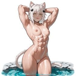 1girls abs ai_generated arms_behind_head breasts cat_ears cat_girl cat_tail catgirl high_school_dxd hot_spring koneko_toujou muscular_female procyon_ai pubic_hair red_lipstick small_breasts smile solo solo_female solo_focus thick_thighs white_hair wide_hips yellow_eyes