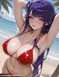 1girl ai_generated alternate_costume armpits arms_behind_head arms_up beach bikini blush braid braided_ponytail breasts cleavage closed_mouth collarbone covered_nipples day genshin_impact hair_flower hair_ornament halterneck large_breasts long_hair looking_at_viewer mihoyo mole mole_on_breast mole_under_eye navel o-ring o-ring_bikini ocean outdoors palm_tree presenting_armpit purple_eyes purple_hair raiden_shogun red_bikini sand sideboob skindentation sky smile solo stomach swimsuit tree very_long_hair water wet