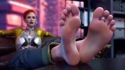 1girl 1girls 3d 3d_(artwork) absurd_res absurdres aurore_cassel beauty_mark black_lipstick black_nails black_toenails cd_projekt_red clothed clothed_female clothing couch crossed_legs cyberpunk_2077 earrings feet feet_focus feet_on_table female female_focus female_only foot_fetish foot_focus freckles freckles_on_face french_female hazel_eyes hi_res highres light-skinned_female light_skin red_hair sardaukar sitting sofa soles solo solo_female toe_ring toenail_polish toes