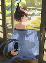 1girl 1girls animal_ears artist_request ass barefoot black_eyes blue_archive blue_halo breasts cat_ears cat_girl cat_tail feet fingernails from_behind grass halo highres kikyou_(blue_archive) long_fingernails looking_at_viewer multiple_tails open_door panties parted_lips rock seiza short_hair shouji sliding_doors soles solo tail toes turning_head underwear veranda wind_chime wooden_floor