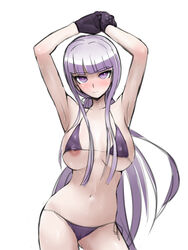 1girls accurate_art_style akizora areola_slip areolae armpits big_breasts bikini blush breasts busty cowboy_shot danganronpa female female_only front_view gloves hourglass_figure huge_breasts kirigiri_kyouko large_breasts long_hair looking_at_viewer nipples official_style purple_eyes purple_hair simple_background solo straight_hair voluptuous voluptuous_female white_background