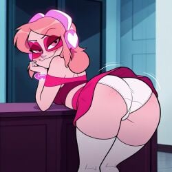 1girls ai_generated bedroom_eyes bent_over bent_over_table bracelet cartoon_network civitai crop_top eye_mask female female_only headphones leaning_forward looking_at_viewer miniskirt miss_heed_(villainous) panties pink_eyes pink_hair pink_skin presenting presenting_ass presenting_butt presenting_hindquarters presenting_panties shaking shaking_ass skirt_lift skirt_up solo stockings teasing upskirt villain villainous white_panties white_stockings