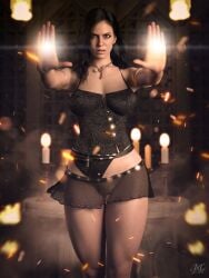 1girls 3d black_hair bra breasts cd_projekt_red corset female jinxie_lizzy light-skinned_female light_skin looking_at_viewer magic mascara miniskirt necklace no_panties purple_eyes pussy shaved_pussy skirt solo solo_female the_witcher_(series) the_witcher_3:_wild_hunt yennefer