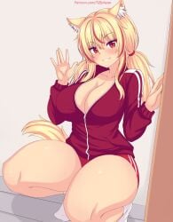 blonde_hair breasts buruma cat_ears catgirl cleavage jacket large_breasts nottytiffy red_eyes red_highlights squatting tail thick_thighs thighs tiffy tiffynyaa track_jacket twintails waving