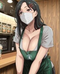 1girls ai_generated apron big_boobs big_breasts black_hair brown_eyes cafe chainsaw_man coffee curvy curvy_body curvy_female curvy_figure higashiyama_kobeni huge_breasts kobeni_higashiyama kyoru189 large_breasts light-skinned_female light_skin mature_female pants shiny_skin solo solo_female starbucks t-shirt waiter